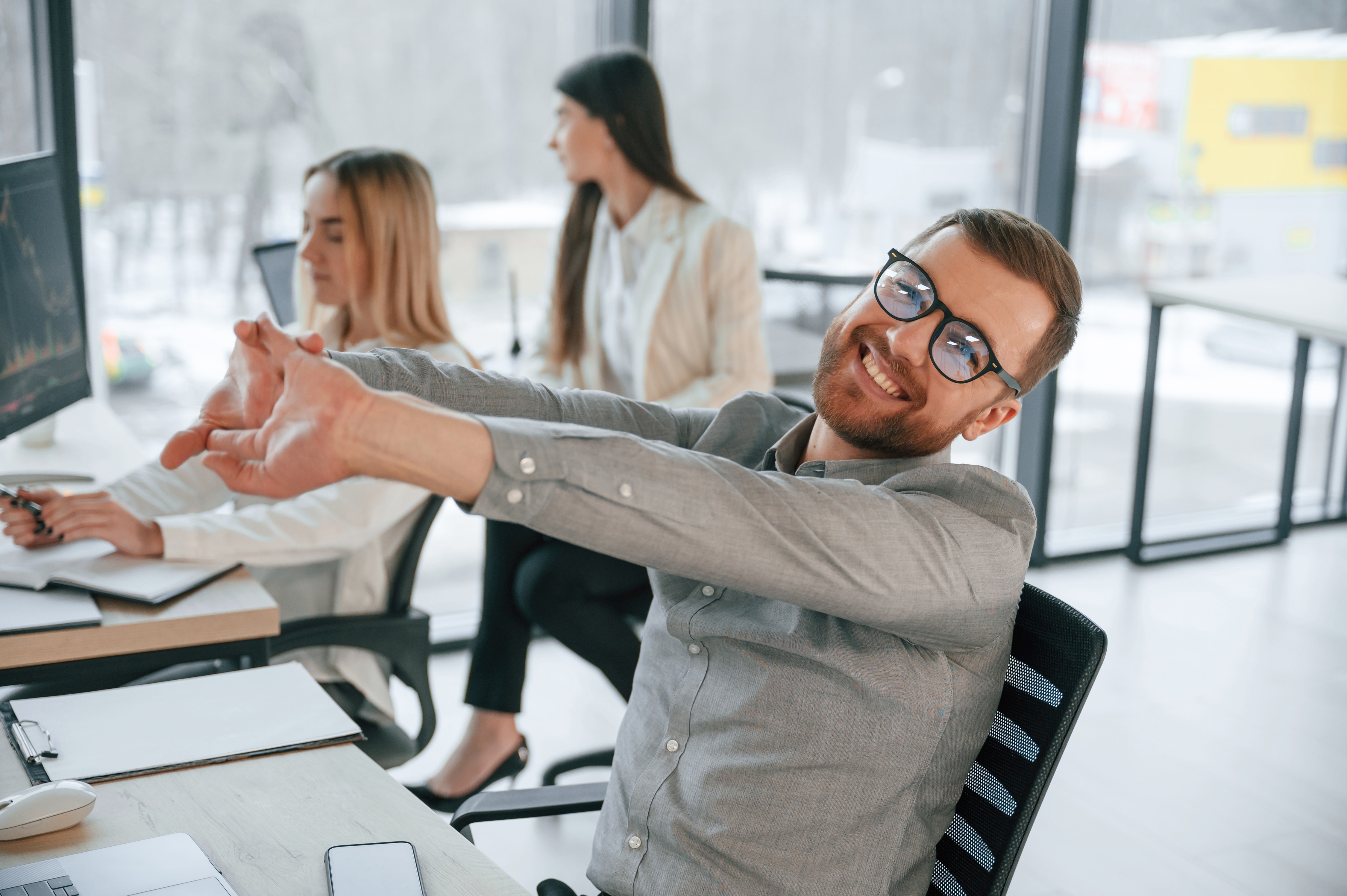 Man,Is,Satisfied,About,Results.,Successful,Team,Are,Working,Together